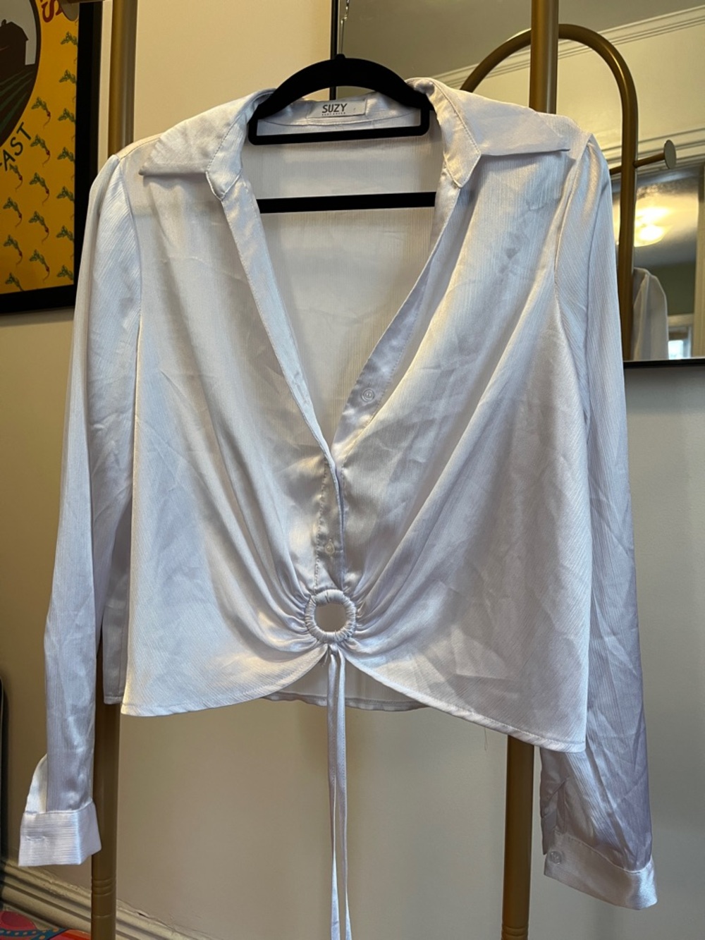 Suzy Shier White Satin Ring-Front Button Down Blouse